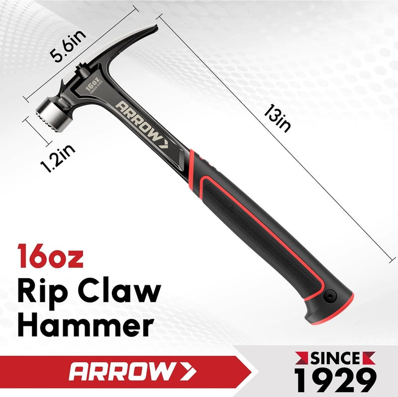 Arrow Fastener مطرقة ARROW 16 أونصة ذات مخلب مستقيم، مطرقة مخلب ممزق مع مزيل مسمار جانبي، وجه مشغول ومقبض ماص للصدمات، مطرقة مصنوعة من قطعة واحدة - Image 3